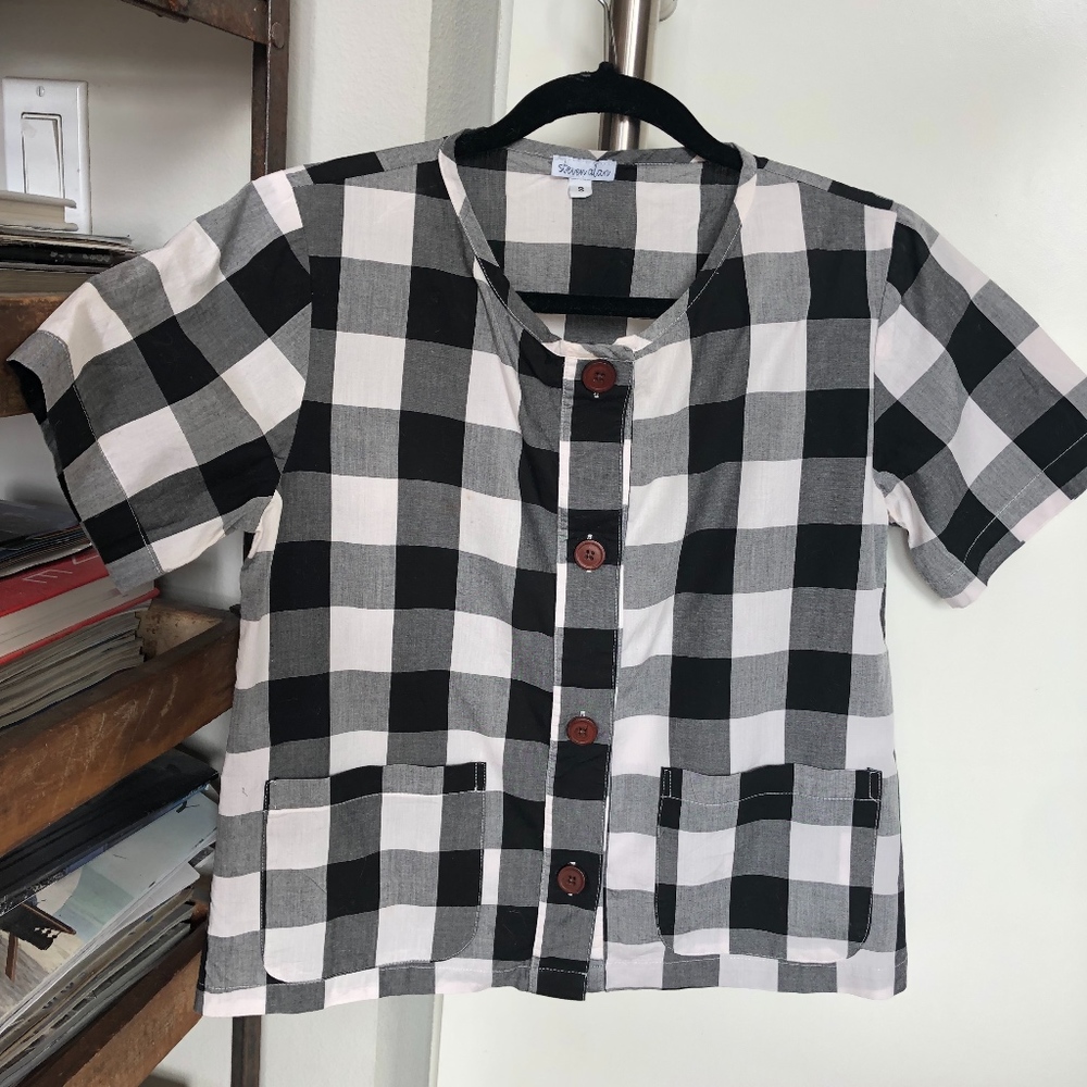 Steven Alan B &W Gingham Short Sleeve Top - Small